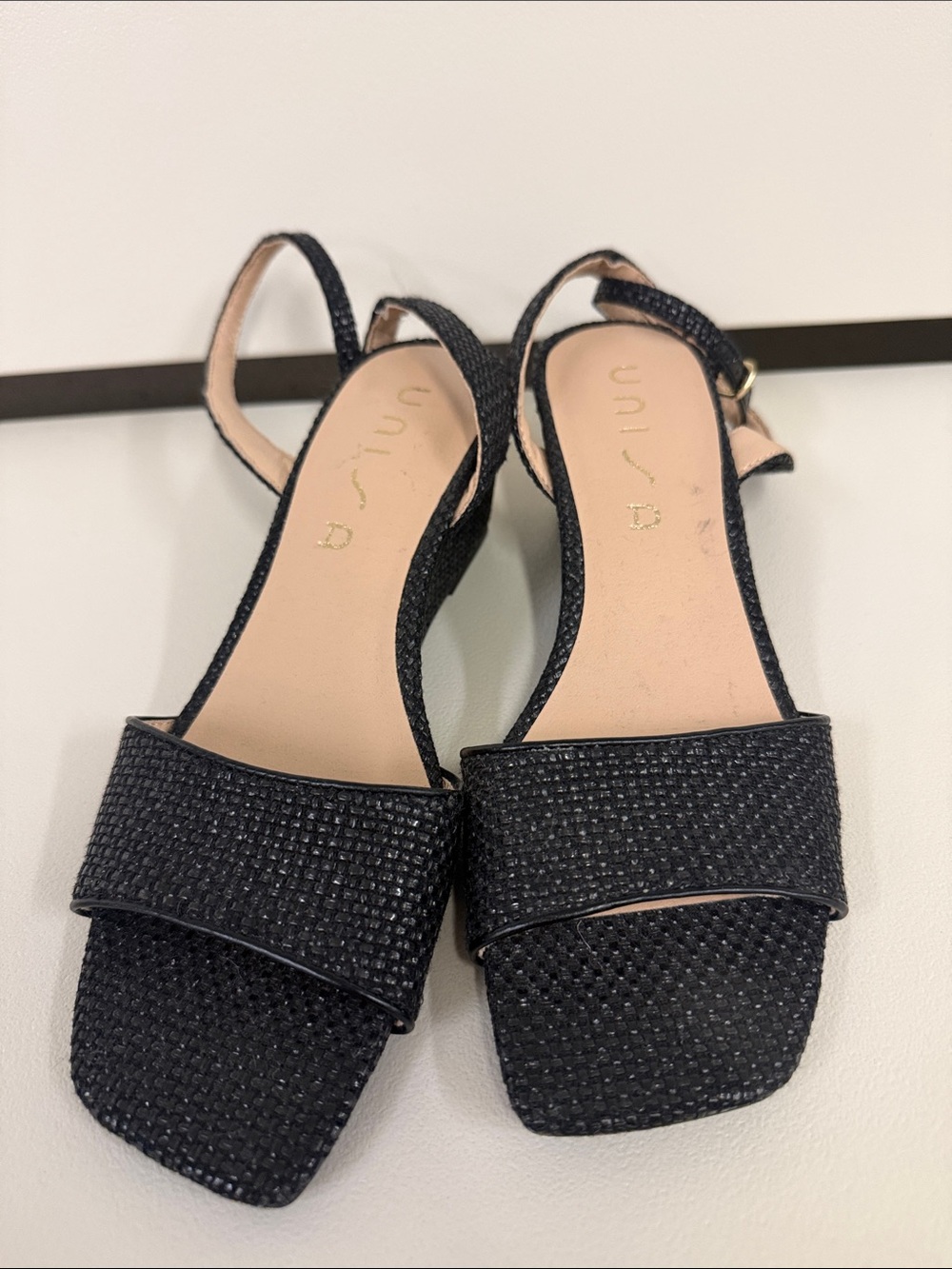 Unisa Black Woven Raffia Square-Toe Slingback Sandals
